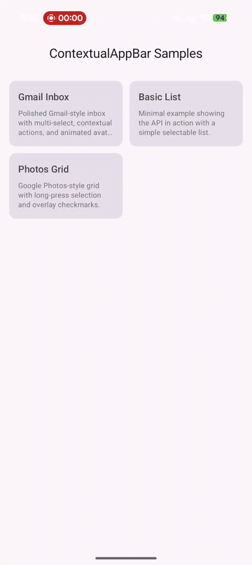 Demo showing contextual app bar transition